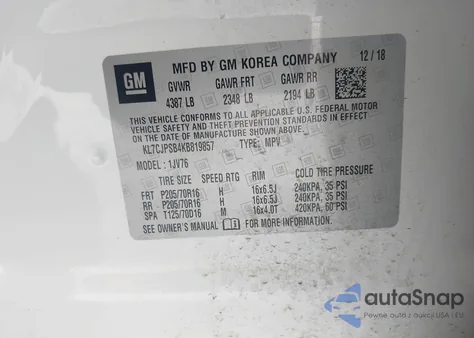 2019 Chevrolet Trax Lt z USA, uszkodzony, nr VIN KL7CJPSB4KB819857